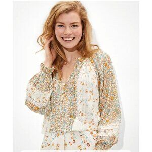 American Eagle Top Floral Button-Up Blouse Large Lace Boho Prairie Peasant Girly